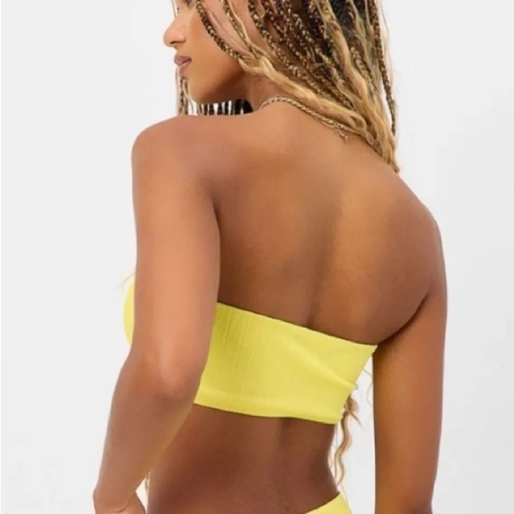 New! Frankie’s Bikini’s jean plisse bandeau top strapless 24396